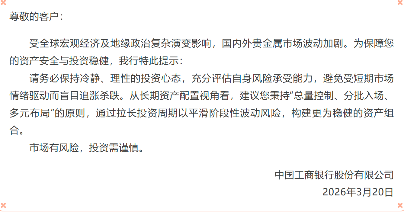 黄金市场震荡加剧，工行再发风险提示！